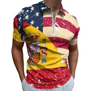USA En Spanje Retro Vlag Half Zip-up Polo Shirts Voor Mannen Slim Fit Korte Mouw T-shirt Sneldrogende Golf Tops Tees 6XL