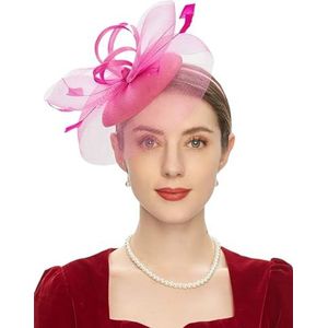 Hgvcfcv Party Vintage Fascinators voor vrouwen met veren mesh sluier hoofdband bruids bruiloft theekransje tiara, rozerood, Eén Maat