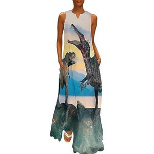 3D prehistorische dinosaurus dames enkellengte jurk slim fit mouwloze maxi-jurk casual zonnejurk 3XL