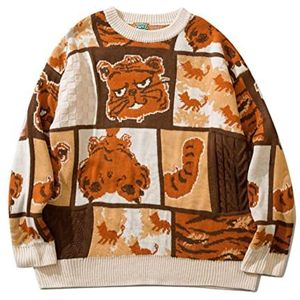 Straat Mode Losse Mannen Trui Colorblock Print Paar Gebreide Trui Japanse Ronde Hals Herfst Winter-Oranje, L