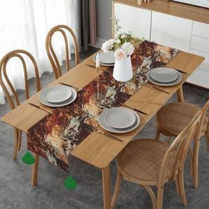 Tafelloper, imitatie linnen tafelloper met kwastjes tafeldecoratie voor thuisfeest, marmeren gemengde bruine print