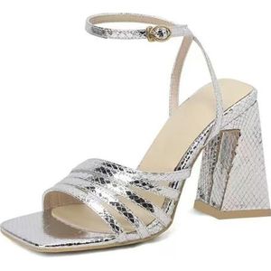 WOkismD 10 CM Dames Hoge Hakken Vierkante Open Toed Enkelband Sandalen Comfortabele Jurk Party, Zilver, 35.5 EU