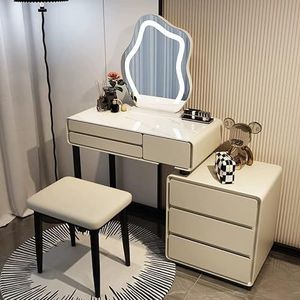 AARONG Make-up ijdelheid dressoirs bureau moderne kaptafel met verlichte spiegel en gewatteerde kruk, grote kaptafel, slaapkamer kaptafel, marmeren effect tafelblad (kleur: kaki, maat: 100 cm/39i