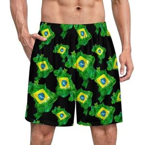 Aquarel Braziliaanse vlag kaart grappige pyjama shorts voor mannen pyjama bodems heren nachtkleding met zakken zacht