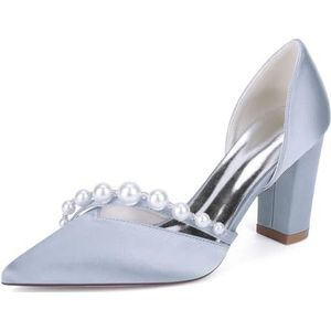 KYEGLO Damesmodieuze Instapschoenen Met Spitse Neus En Dikke Hakken Met Parel - Satijnen Bruidsmeisjesschoenen Met Gesloten Neus Voor Feestjes, Bruiloften, Cadeaus Voor Vrouwen,Zilver,36 EU