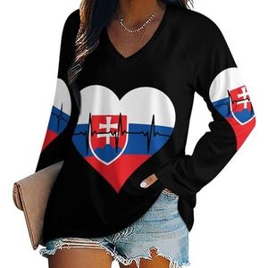 Liefde Slowakije Heartbeat Dames Lange Mouw V-hals T-shirts Herfst Tops Trui Tuniek Tee voor Leggings