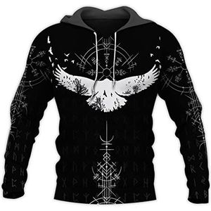 Mannen 3D Digital Print Viking Compass Crow Hoodie, Noorse Mythologie Pullover Trekkoord Hooded, Unisex Full Zip Up Long Sleeve Sweatshirt Plus Size S-5XL