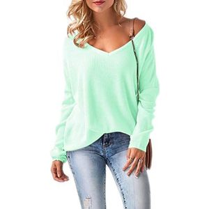 Mikos * Pullover voor dames, vrouwen, off-shoulder, lange mouwen, voor lente, zomer, herfst en winter, gebreide trui, baggy, V-hals, losse trui, oversized (694) SML, Lichtmunt., Eén maat