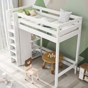 Aunvla Kinderbed hoogslaper met kledingkast en 6 planken eenpersoonsbed ligvlak 90x200 cm -208x110x186(BxDxH) White