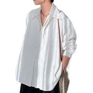 OHERUWKLS Heren Zomer Effen Kleur Business Casual Nep Tweedelig Shirt Met Lange Mouw,Wit,L