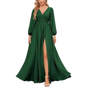 KURFACE Bruidsmeisjesjurken met lange mouwen en split geplooide chiffon formele jurk met mouwen formele jurk, Emerald Groen, 32