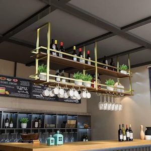 Plafondplank - Plafond hangende wijnglashouder, smeedijzeren massief houten plafond gemonteerd opbergrek/wijnrek, zwart multifunctioneel bar displayrek, LOFT hangend decoratief rek (kleur: goud