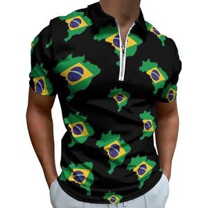 Kaart van Brazilië Kaart Half Zip-up Polo Shirts Voor Mannen Slim Fit Korte Mouw T-shirt Sneldrogende Golf Tops Tees 2XL