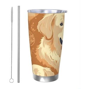 RLDOBOFE Golden retriever print 20oz beker roestvrij staal koffiekop geïsoleerde beker herbruikbare auto beker dubbelwandige koffiemok morsbestendige reismok thermische beker voor thuiskantoor