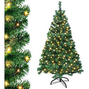 UISEBRT Kunstkerstboom met verlichting, 180 cm, led-kerstbomen, dennenboom, kerstboom, decoratieve boom met lichtketting en standaard, kerstdecoratie, groen pvc