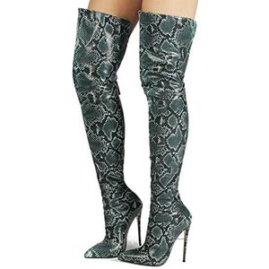 Overknee laarzen voor dames Slangenprint Persoonlijkheidspatroon Knie De hakken Dame Lange Lente en herfst Winter Comfortabele laarzen Kniehoge laarzen(Green,47 EU)