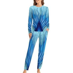 Blauwe zeemeermin staart zachte dames pyjama lange mouw warm fit pyjama loungewear sets met zakken XL