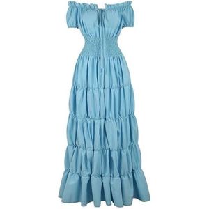Vrouwen Middeleeuwse Renaissance Jurk Boho Korte Mouwen Off Shoulder Gesmokte Taille Retro Geplooide Lange Jurk Kostuum(Light Blue,XXL)