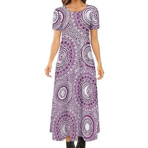 Lila Mandala Stars And Moons dames zomer casual korte mouw maxi-jurk ronde hals bedrukte lange jurken 4XL