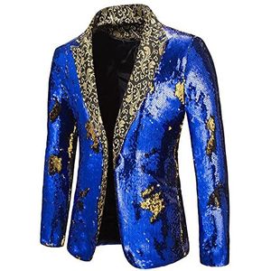 WANMN Glanzende pailletten pak jas blazer pak nachtclub bar DJ zanger hostjas slim fit stijlvolle blazer jas feestjassen, Blauw, XXL