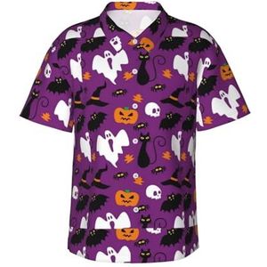Paars Halloween Horror Print Fun Hawaiiaans shirt voor mannen Casual Korte Mouw Button Down Shirts Zomervakantie, Zwart, S