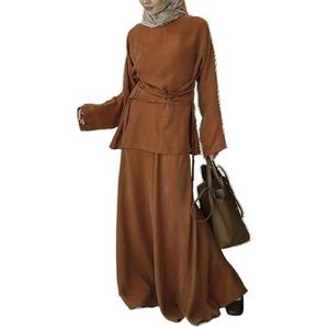 MLSHWUG Dames Casual Comfortabele Effen Kleur Top Met Bandjes En Lange Mouwen En Rok 2-Delige Set,Khaki,3XL