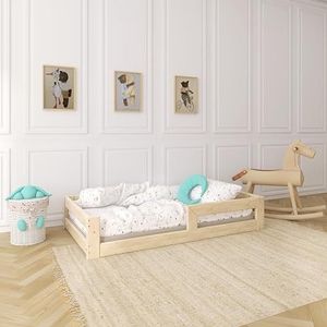 Need Sleep Montessori Bed voor kinderen, 90 x 180 cm, met valbeveiliging, lattenbodem, kinderbed op de vloer, laag, vloerdiepte van hout, meisjes en jongens