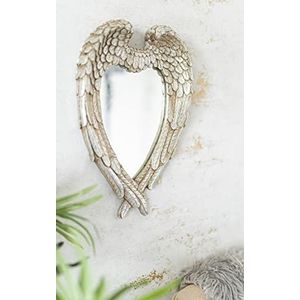 HomeZone Rustieke zilveren hartvormige spiegel met grote engelenvleugels - Gevederde antieke afwerking, interieurdecoratie, vintage retro shabby chic voor slaapkamer en woonkamer