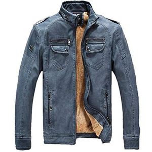 Leren jas met kasjmier voering heren warme jas slim leren jas herenmode kunst fit rits bikerjack jas herfst winter, blauw, 3XL