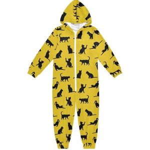 LI ZHI XIN Kinderpyjama uit één stuk met capuchon voor jongens en meisjes, jumpsuits voor kinderen, onesie, slaappak, alles-in-één pyjama, winter, warme huisjumpsuit, 5-14 jaar, schattig kattenpatroon