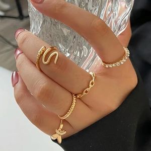 Vintage Koreaanse gouden zilveren kleur parel ringen Set sieraden voor meisjes vlinder holle hart Ring voor vrouwen - AR0041