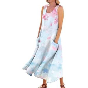 HHuiXinXue Maxi-jurk voor dames, casual, U-hals, mouwloos, zomerjurk, bloemenprint, strandjurk met zakken, kleur-6, XXL
