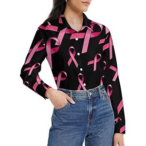 Roze satijnen lint borstkanker damesshirt lange mouw button down blouse casual werk shirts tops S