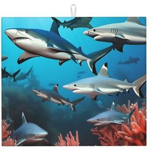 Submarine Shark Coral Droogmat voor Keuken, Midden is gemaakt van composiet sponzen, microvezel absorberend, opvouwbaar en hangbaar voor afdruiprek, babyflessen koffiepads 40 x 45 cm