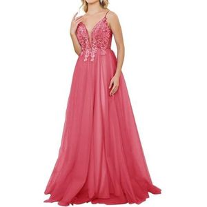 HPPEE Spaghetti Strap V-hals Tule Galajurken met Kant Applique A-lijn Formele Avondjurk, Koraal, 32