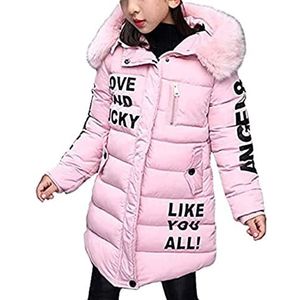 AKAUFENG Jas meisjes met bontcapuchon lang, winterjas meisje met bontmuts bovenkleding kinderjas, roze, 110 cm