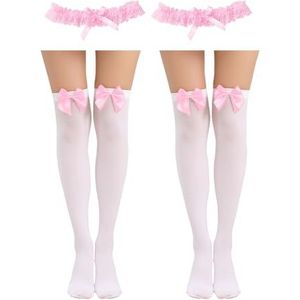 2 paar roze overknee-sokken en 2 roze kanten beenringen, damessokken met strik, schattige damessokken, kledingaccessoires, Wit, M