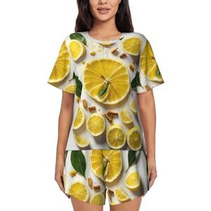 Gele Citroenprint Dames Zomer Zachte Tweedelige Bijpassende Outfits Korte Mouw Pyjama Lounge Pyjama Sets, Zwart, S