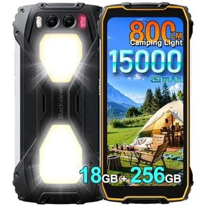 Blackview BV7300 Onbreekbare Mobiele Telefoon 2025, 18 GB + 256 GB Android 14, ontgrendelde telefoon, 15.000 mAh, 2 x 800 lm, campinglamp, 6,67 inch, 50 MP, onbreekbaar, waterdicht, IP68, 4G LTE, NFC