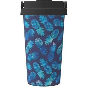 EdWal Blauwe ananasprint 500 ml koffiemok, geïsoleerde campingmok met deksel, reisbeker, geweldig voor elke drank