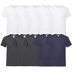 Fruit of the Loom T-shirt, met V-hals, in verschillende maten en kleuren, 10 stuks, 5x wit, 3x grijs (dark heather), 2x marineblauw, XL