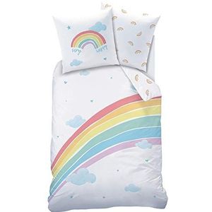 REGENBOGEN Bettwäsche Set · Mädchen-Bettwäsche · Kinderbettwäsche · Very Happy Rainbow · Wolken Sterne Herzen - Kissenbezug 80x80 + Bettbezug 135x200 cm - 100% Baumwolle