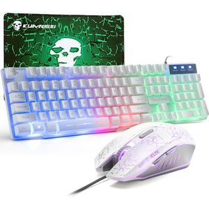 Gaming Toetsenbord en Muis Set, 104 Toetsen Rainbow Backlit QWERTY Toetsenbord + 2400 DPI 4 Knoppen Ademhalings Muis + GRATIS Muismat Combo, USB Bedraad Compatibel met PS4, XBox (Adapter Nodig) Wit