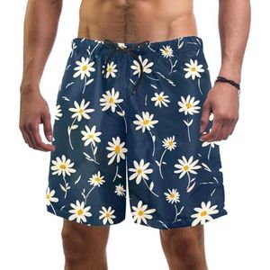 PAFEFO Nieuwigheid boardshorts voor heren, strandvakantie, feest, sneldrogende badpakken met blauw-witte madeliefjesprint ontwerpen, Blauw Wit Madeliefje Print, L