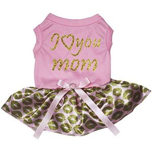 Petitebelle Ik hou van je Moeder Katoen Shirt Tutu Puppy Kleding Jurk, X-Large, Roze/gouden lippen