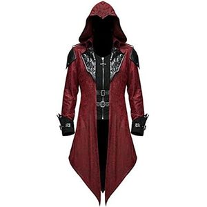 Jiumaocleu Heren trenchcoat gotische kostuum capuchon jas middeleeuwse mantel Victoriaanse staart jas Steampunk middeleeuwse Halloween maskerade retro splicing kostuum jas S-5XL, Rood, XXL