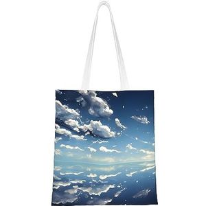 Starry Dandelion canvas draagtas voor dames, herbruikbare schoudertas, een mooi milieuvriendelijk cadeau voor meisjes, leraren, moeders., Blauwe hemel en witte wolken, Eén maat