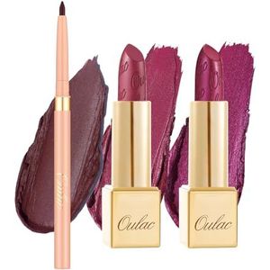 Oulac Violet lippenstift en liplinerset, matte metallic afwerking, sterk gepigmenteerde en hydraterende formule, glad en korrelvrij, veganistisch, 3 stuks