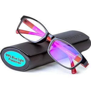 Prospek Blue Light Blocking Glasses -Professional- For Men and Women. Computer Glasses is an Ideal Blue Light Filter, provides Anti Strain and Anti Fatigue (+0.00 (No Magnification) I Regular Size, Red and Black)