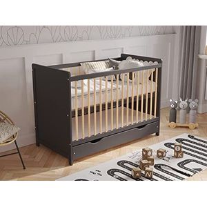 Love For Sleep Babybed, bijzetbed, 120 x 60 cm met schuimstofmatras met gewatteerde overtrek, antraciet-grenen, Tokyo, kinderbed, babybed, hout, kinderbed, babybed, meegroeiend ledikant, babybed